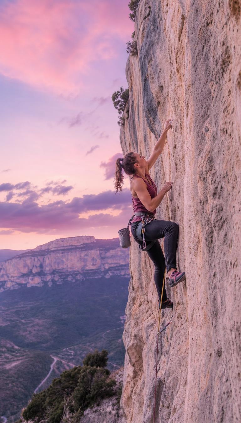 A woman climbing the limestone wall of Mascún Canyon in Rodellar